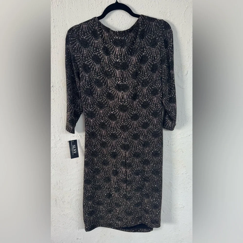 SLNY Printed Metallic Sequin Sheath Cocktail Evening Wear Dress Size 14